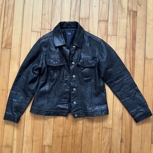 Vintage Gap Genuine Leather Trucker Jacket Black Button Front Women's Small